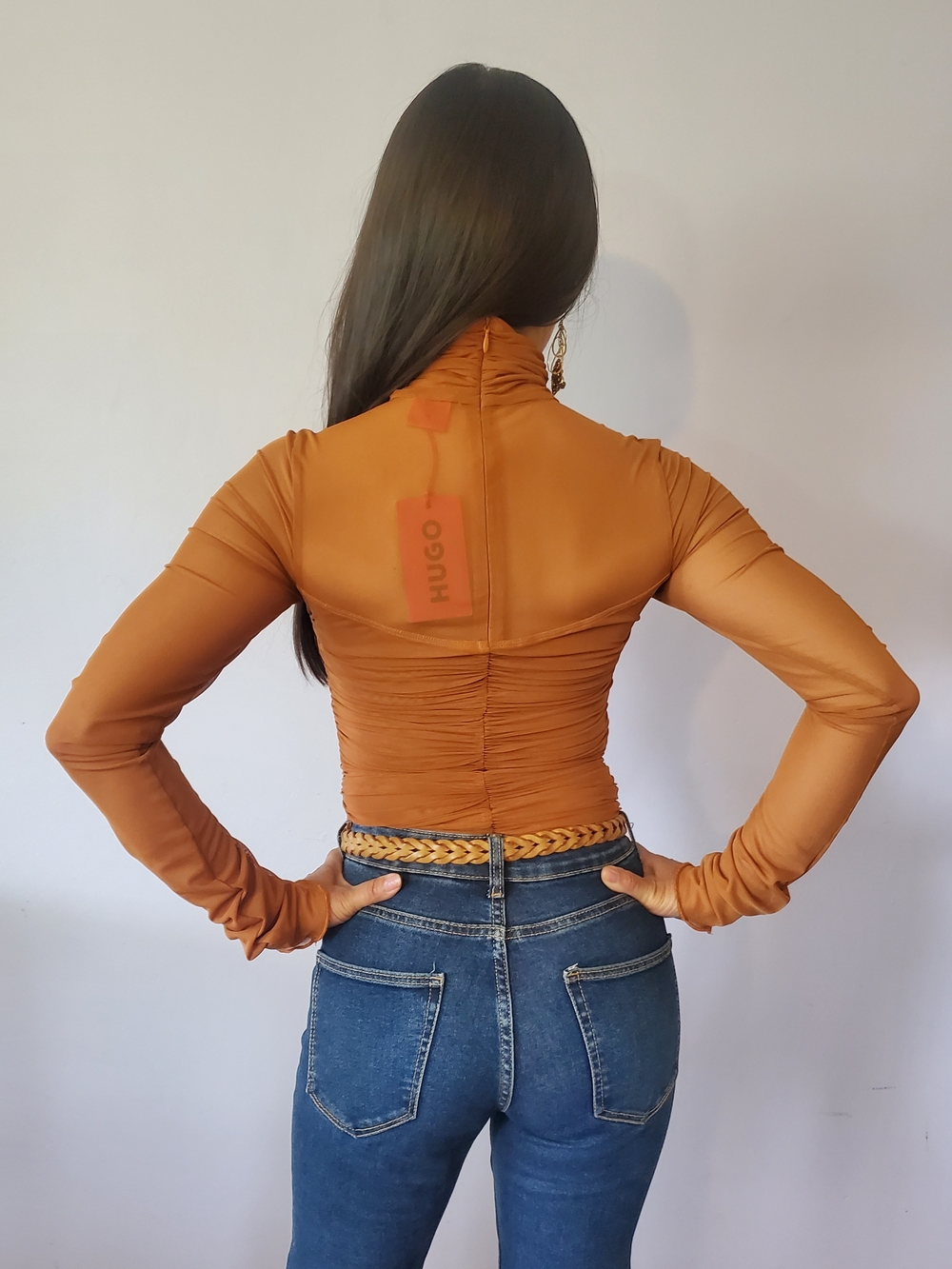 HUGO Rust-Tone Ruched Sheer Bodysuit - Picture 3 of 6